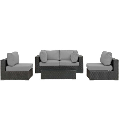 Sojourn 5 Piece Outdoor Patio Sunbrella® Sectional Set, Sunbrella Rattan Wicker, Grey Gray 13384
