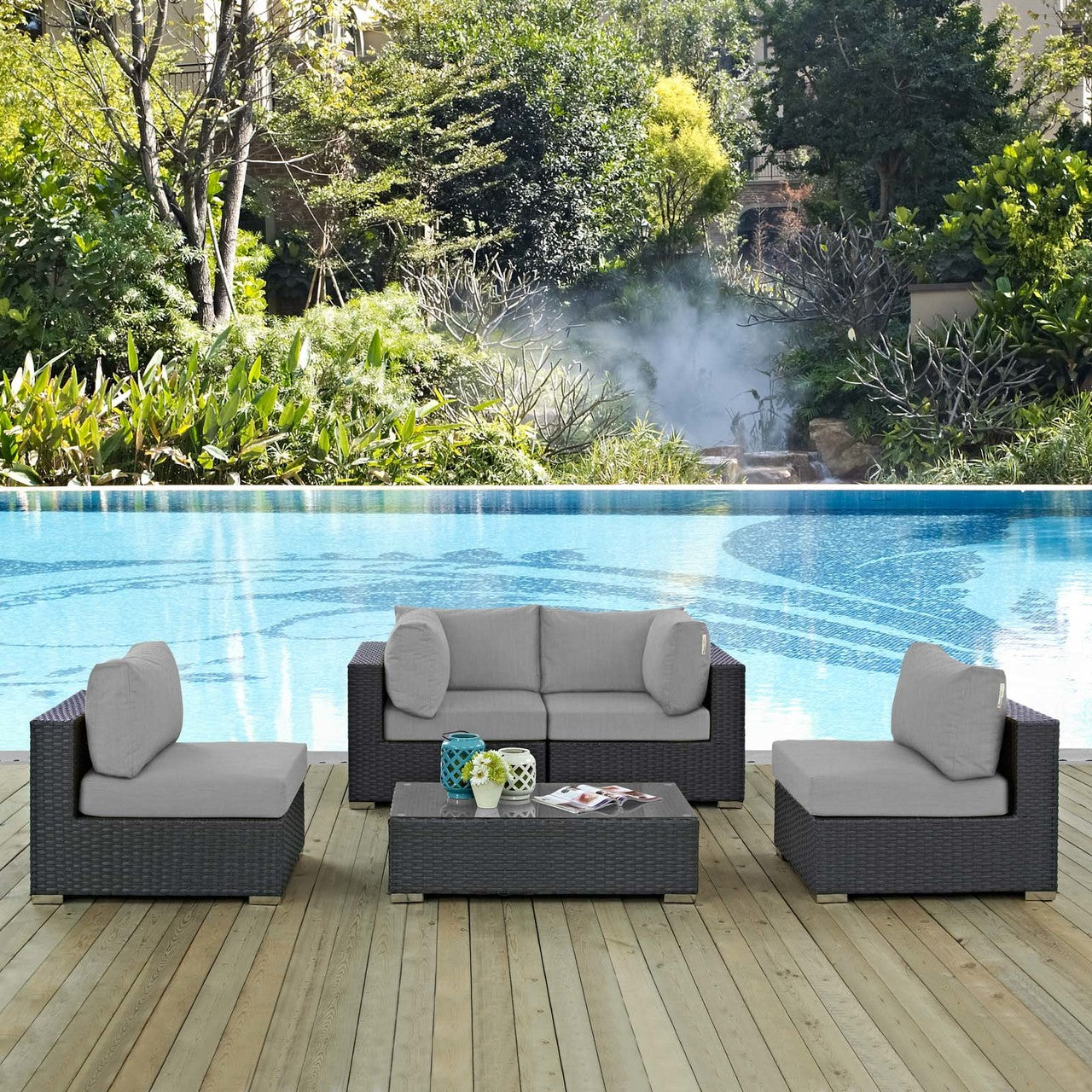 Sojourn 5 Piece Outdoor Patio Sunbrella® Sectional Set, Sunbrella Rattan Wicker, Grey Gray 13384