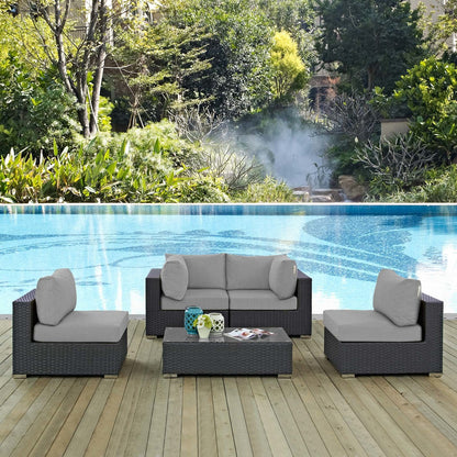 Sojourn 5 Piece Outdoor Patio Sunbrella® Sectional Set, Sunbrella Rattan Wicker, Grey Gray 13384