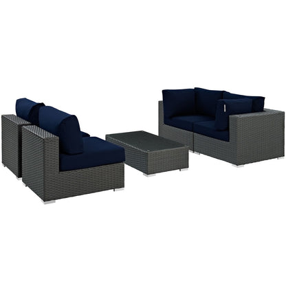 Sojourn Five PCS Outdoor Patio Sunbrella Sectional Set, Navy , Rattan 9808