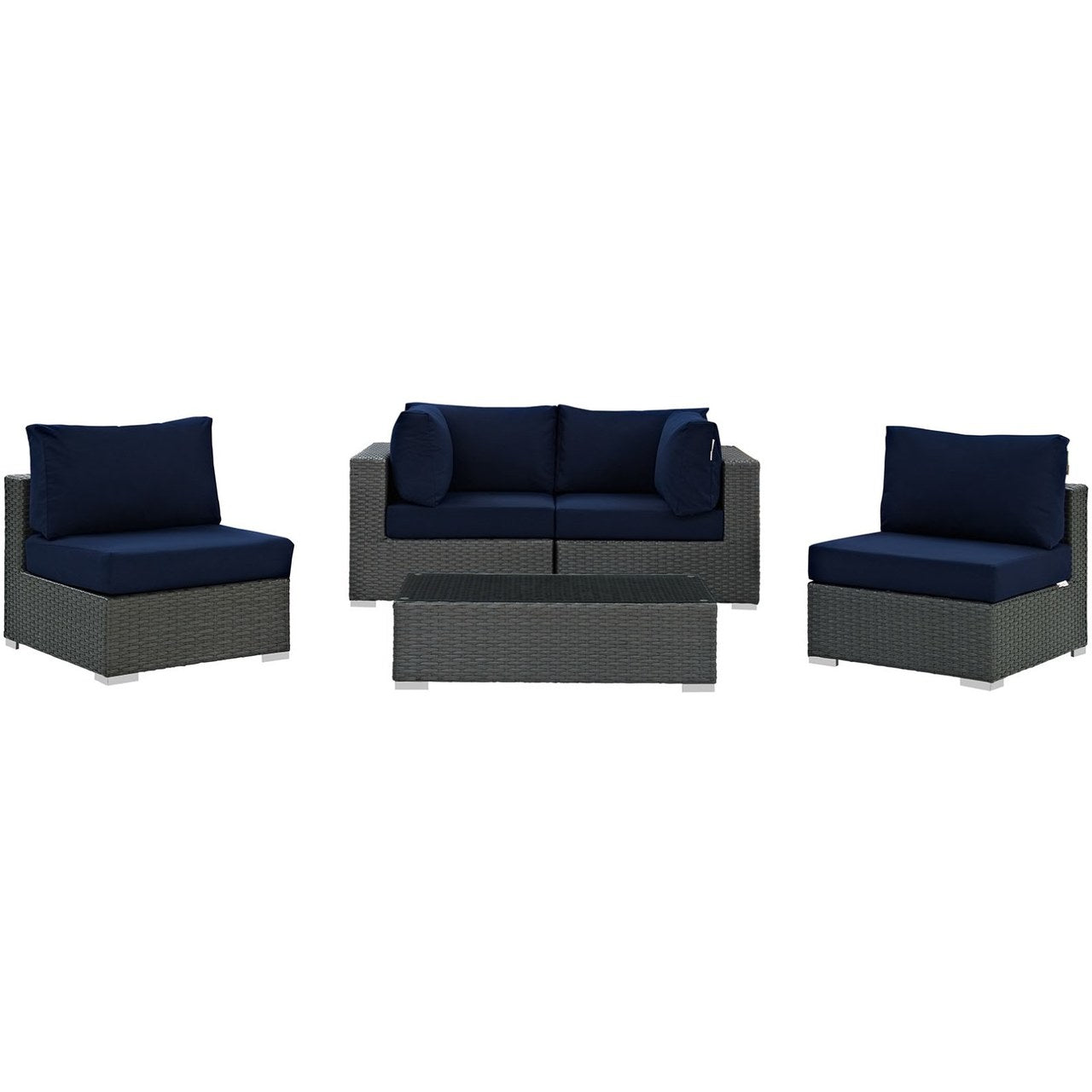 Sojourn Five PCS Outdoor Patio Sunbrella Sectional Set, Navy , Rattan 9808