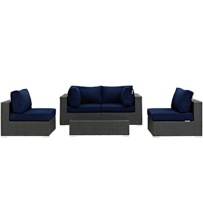 Sojourn Five PCS Outdoor Patio Sunbrella Sectional Set, Navy , Rattan 9808