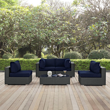 Sojourn Five PCS Outdoor Patio Sunbrella Sectional Set, Navy , Rattan 9808