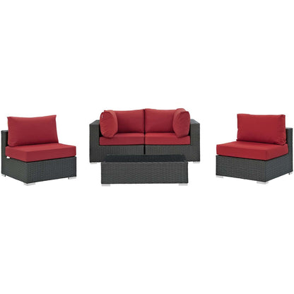 Sojourn 5 Piece Outdoor Patio Sunbrella® Sectional Set, Sunbrella Rattan Wicker, Red 13385