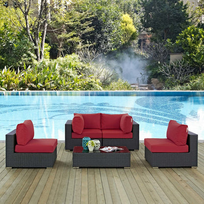 Sojourn 5 Piece Outdoor Patio Sunbrella® Sectional Set, Sunbrella Rattan Wicker, Red 13385
