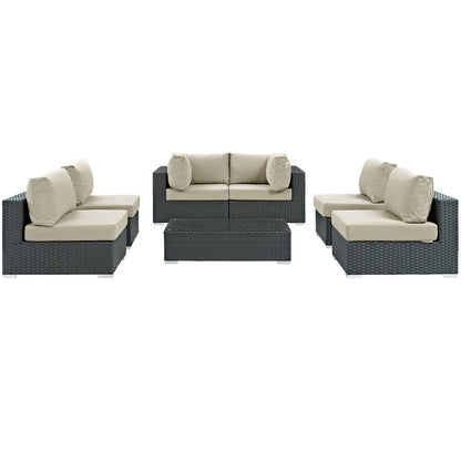 Sojourn Seven PCS Outdoor Patio Sunbrella Sectional Set, Beige , Rattan 9810