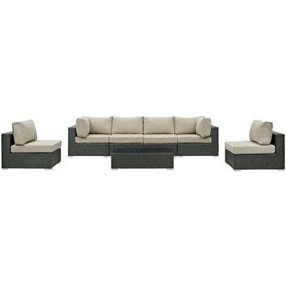 Sojourn Seven PCS Outdoor Patio Sunbrella Sectional Set, Beige , Rattan 9810
