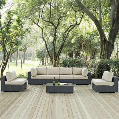 Sojourn Seven PCS Outdoor Patio Sunbrella Sectional Set, Beige , Rattan 9810
