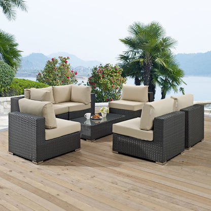 Sojourn Seven PCS Outdoor Patio Sunbrella Sectional Set, Beige , Rattan 9810