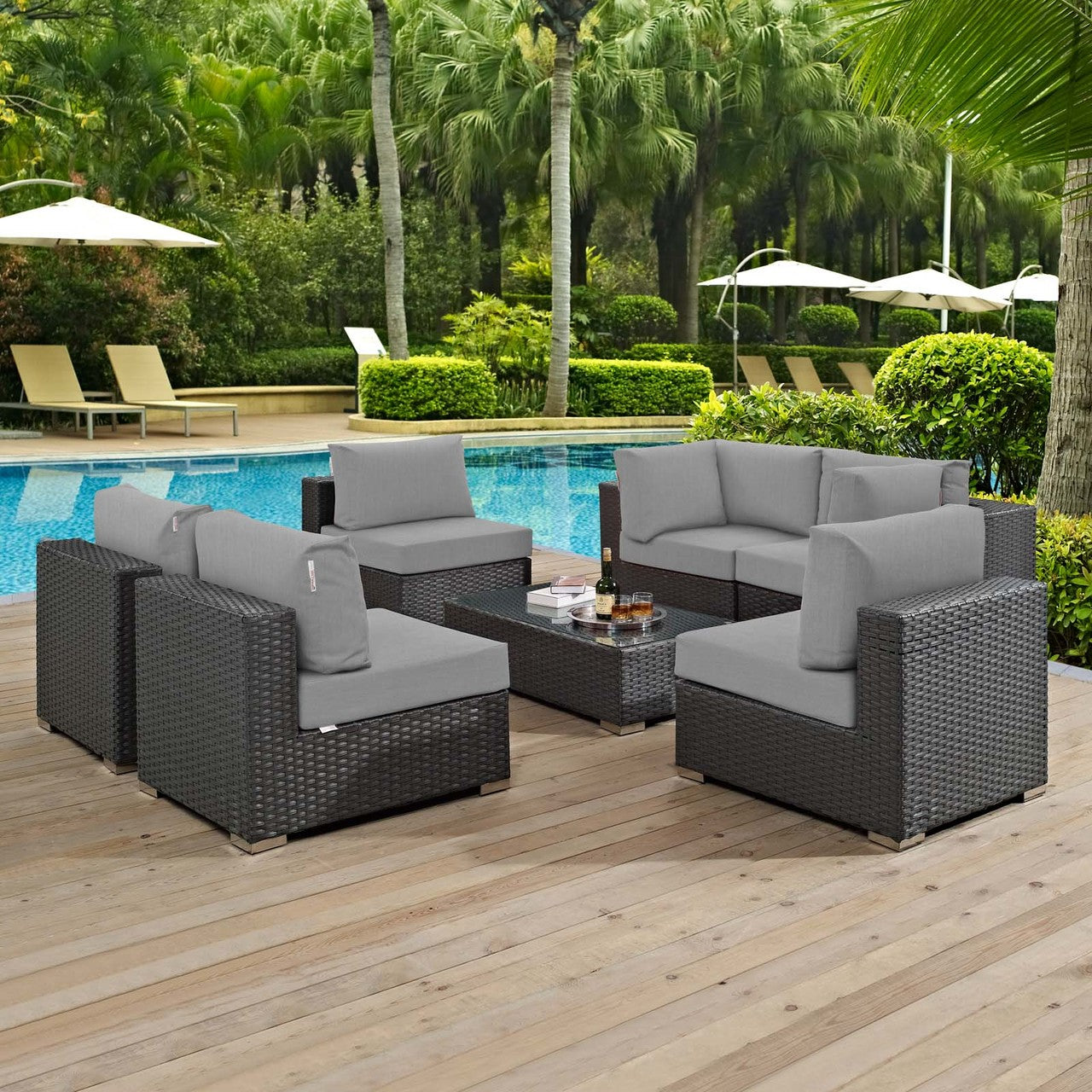 Sojourn 7 Piece Outdoor Patio Sunbrella® Sectional Set, Sunbrella Rattan Wicker, Grey Gray 13386