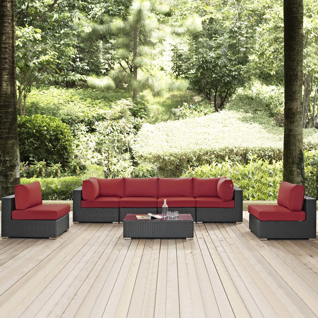 Sojourn 7 Piece Outdoor Patio Sunbrella® Sectional Set, Sunbrella Rattan Wicker, Red 13387