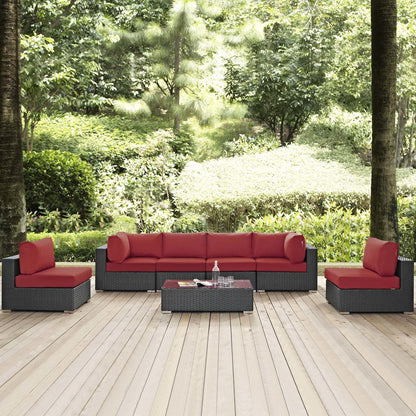 Sojourn 7 Piece Outdoor Patio Sunbrella® Sectional Set, Sunbrella Rattan Wicker, Red 13387