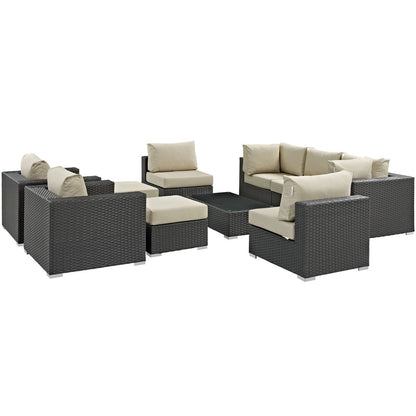 Sojourn Ten PCS Outdoor Patio Sunbrella Sectional Set, Beige , Rattan 9822