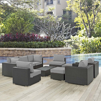 Sojourn 10 Piece Outdoor Patio Sunbrella® Sectional Set, Sunbrella Rattan Wicker, Grey Gray 13390