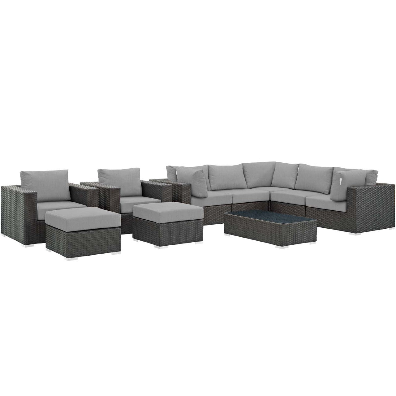 Sojourn 10 Piece Outdoor Patio Sunbrella® Sectional Set, Sunbrella Rattan Wicker, Grey Gray 13390