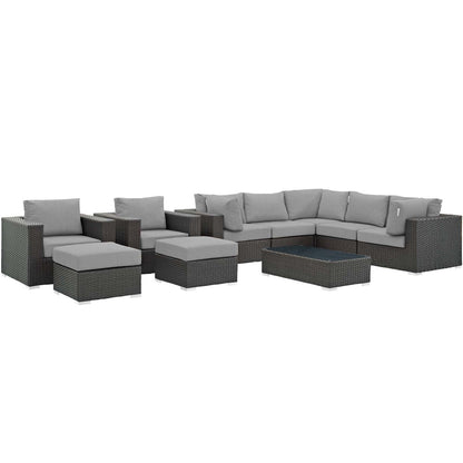 Sojourn 10 Piece Outdoor Patio Sunbrella® Sectional Set, Sunbrella Rattan Wicker, Grey Gray 13390