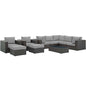 Sojourn 10 Piece Outdoor Patio Sunbrella® Sectional Set, Sunbrella Rattan Wicker, Grey Gray 13390