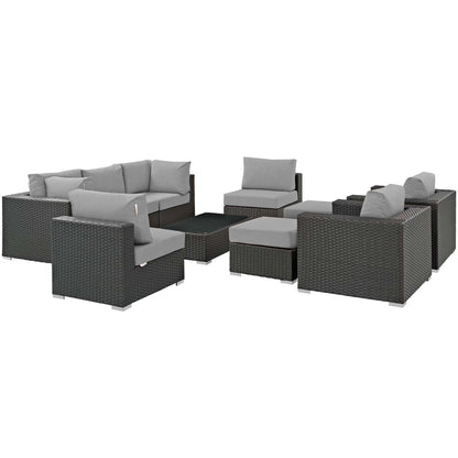 Sojourn 10 Piece Outdoor Patio Sunbrella® Sectional Set, Sunbrella Rattan Wicker, Grey Gray 13390