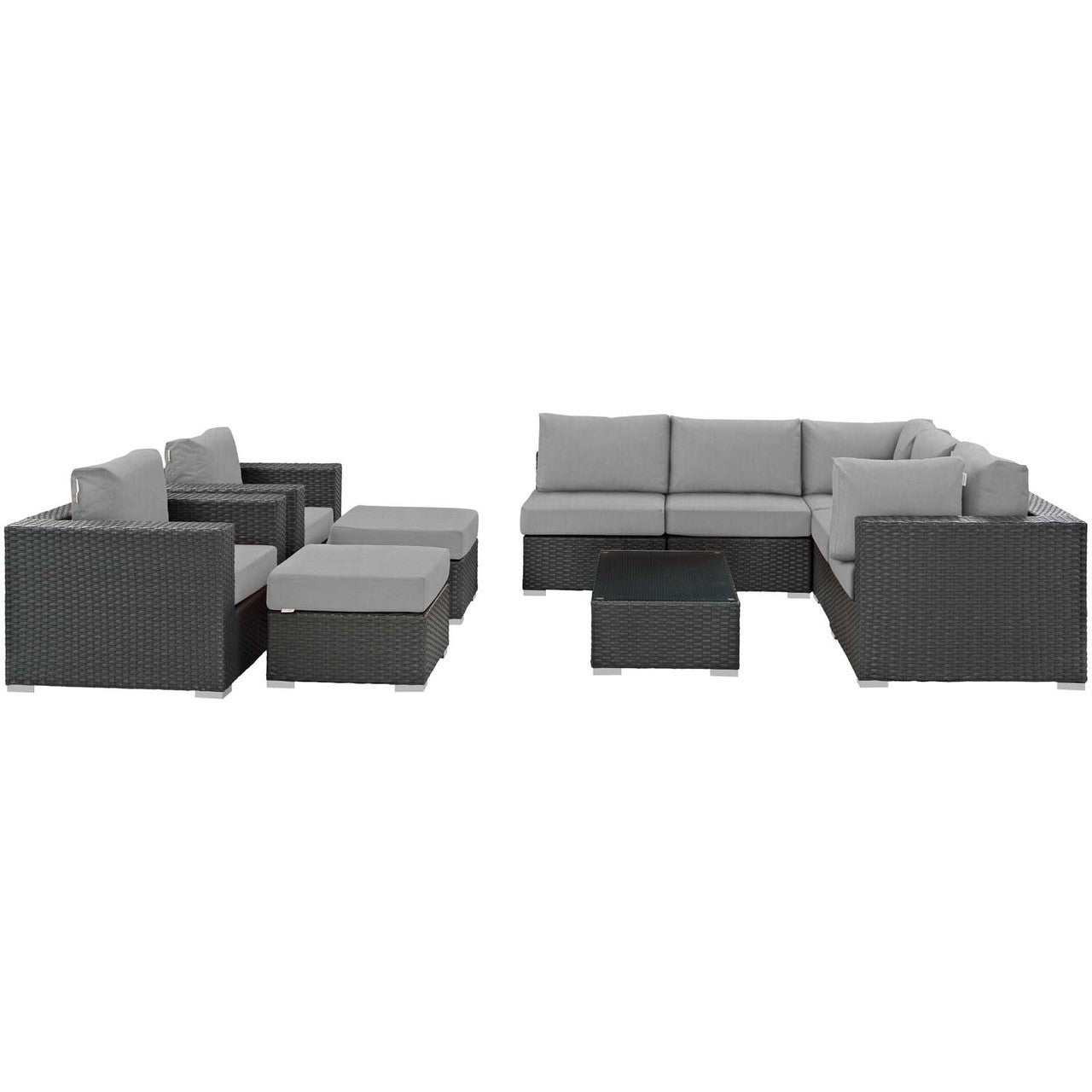Sojourn 10 Piece Outdoor Patio Sunbrella® Sectional Set, Sunbrella Rattan Wicker, Grey Gray 13390