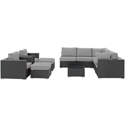 Sojourn 10 Piece Outdoor Patio Sunbrella® Sectional Set, Sunbrella Rattan Wicker, Grey Gray 13390