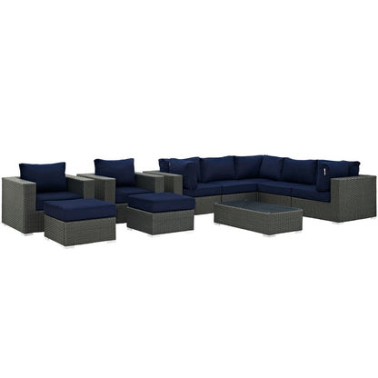 Sojourn Ten PCS Outdoor Patio Sunbrella Sectional Set , Navy, Rattan 9823