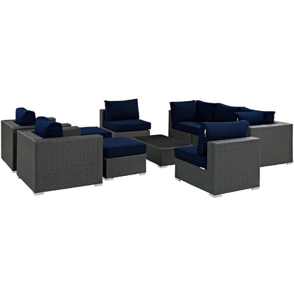 Sojourn Ten PCS Outdoor Patio Sunbrella Sectional Set , Navy, Rattan 9823