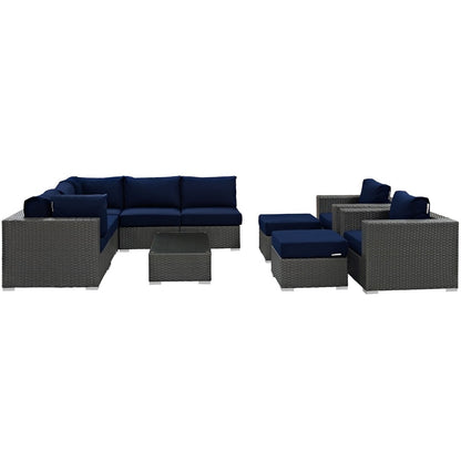 Sojourn Ten PCS Outdoor Patio Sunbrella Sectional Set , Navy, Rattan 9823