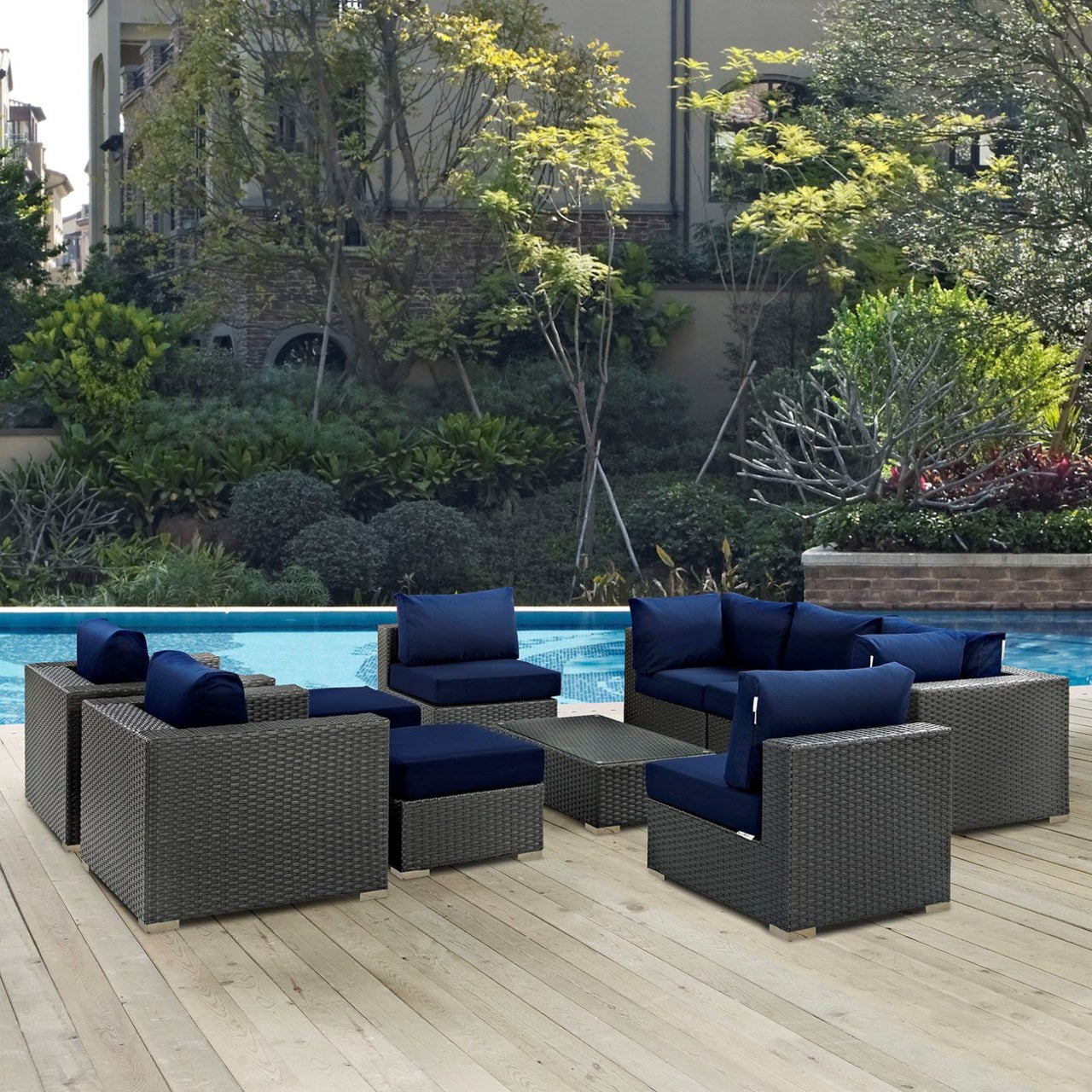 Sojourn Ten PCS Outdoor Patio Sunbrella Sectional Set , Navy, Rattan 9823