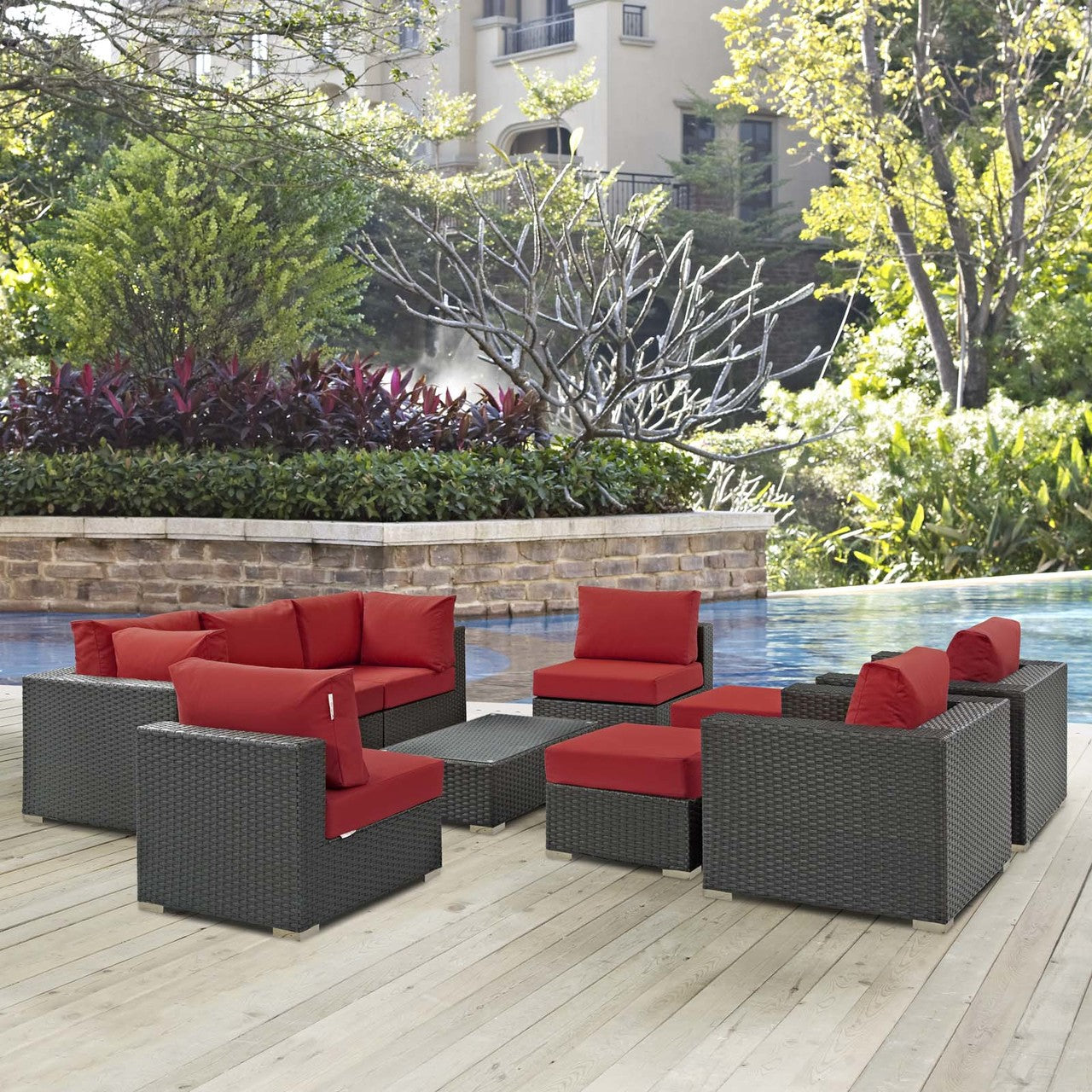 Sojourn 10 Piece Outdoor Patio Sunbrella® Sectional Set, Sunbrella Rattan Wicker, Red 13391