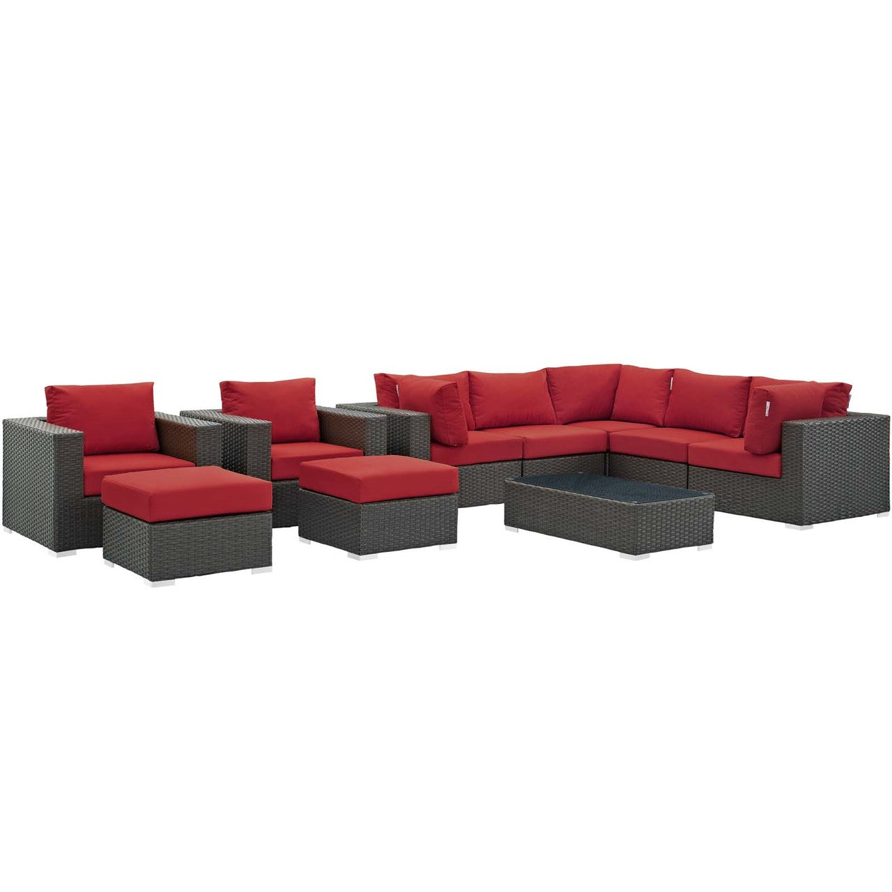 Sojourn 10 Piece Outdoor Patio Sunbrella® Sectional Set, Sunbrella Rattan Wicker, Red 13391