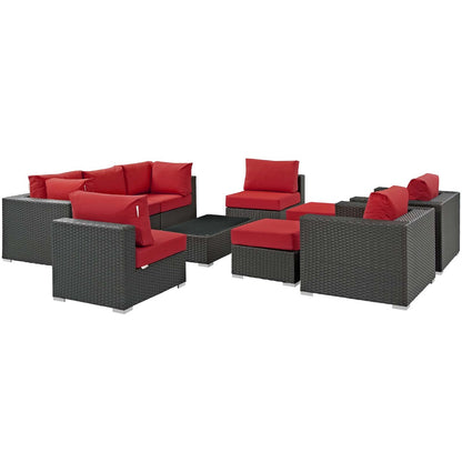 Sojourn 10 Piece Outdoor Patio Sunbrella® Sectional Set, Sunbrella Rattan Wicker, Red 13391