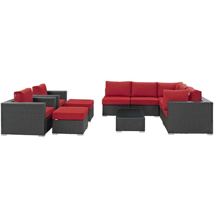 Sojourn 10 Piece Outdoor Patio Sunbrella® Sectional Set, Sunbrella Rattan Wicker, Red 13391