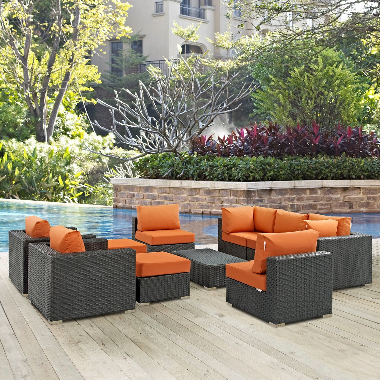 Sojourn Ten PCS Outdoor Patio Sunbrella Sectional Set , Orange, Rattan 9824