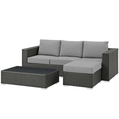 Sojourn 3 Piece Outdoor Patio Sunbrella® Sectional Set, Sunbrella Rattan Wicker, Grey Gray 13392