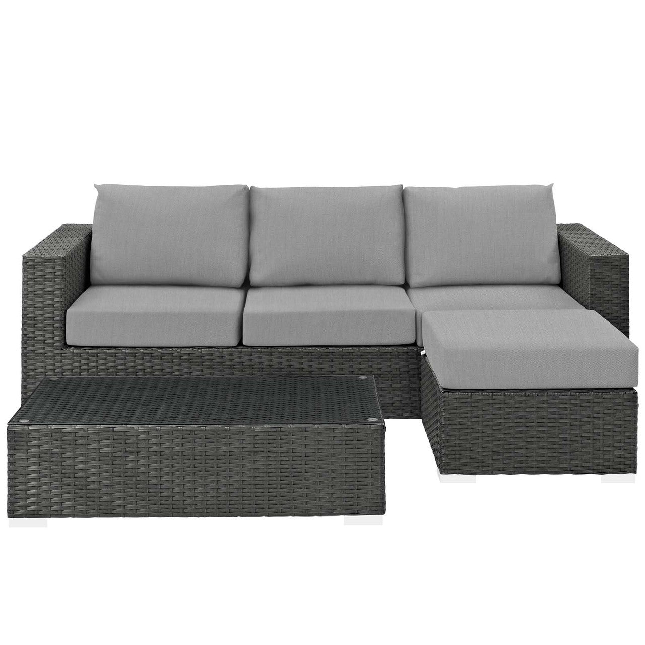 Sojourn 3 Piece Outdoor Patio Sunbrella® Sectional Set, Sunbrella Rattan Wicker, Grey Gray 13392