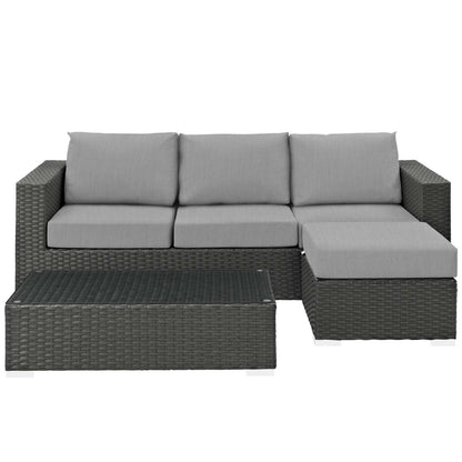 Sojourn 3 Piece Outdoor Patio Sunbrella® Sectional Set, Sunbrella Rattan Wicker, Grey Gray 13392