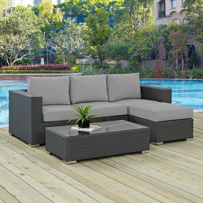 Sojourn 3 Piece Outdoor Patio Sunbrella® Sectional Set, Sunbrella Rattan Wicker, Grey Gray 13392
