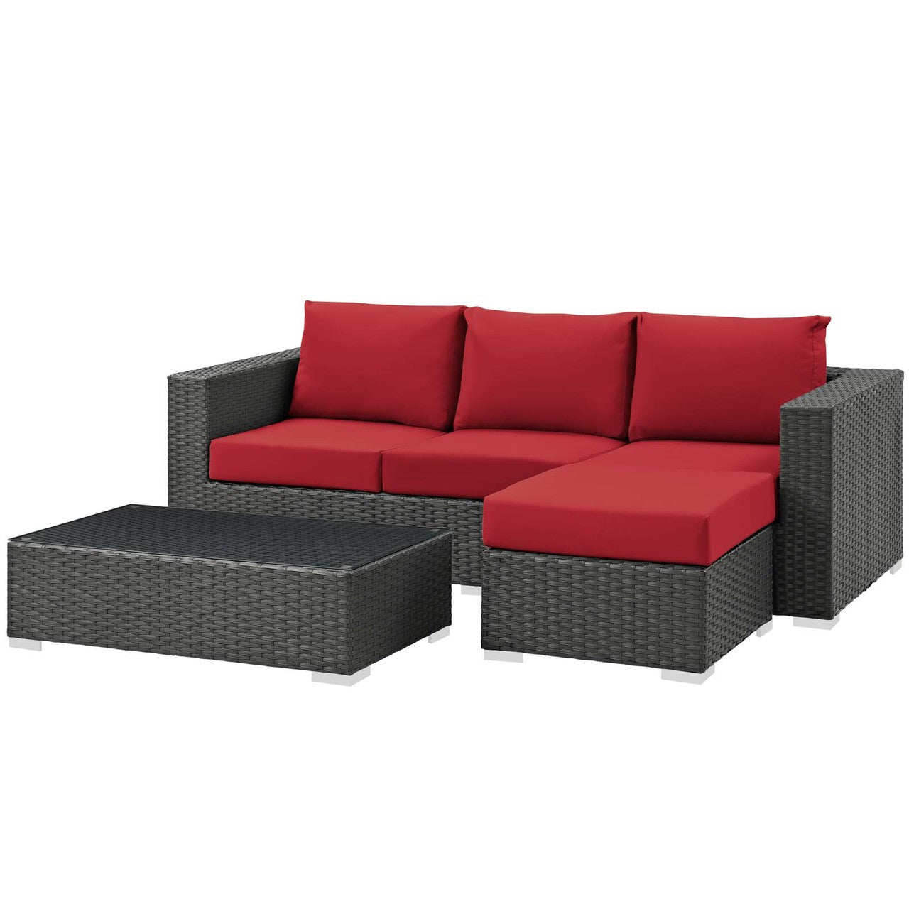 Sojourn 3 Piece Outdoor Patio Sunbrella® Sectional Set, Sunbrella Rattan Wicker, Red 13393