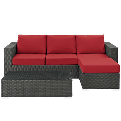 Sojourn 3 Piece Outdoor Patio Sunbrella® Sectional Set, Sunbrella Rattan Wicker, Red 13393