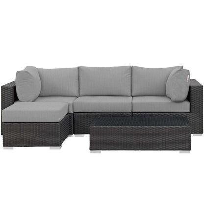 Sojourn 5 Piece Outdoor Patio Sunbrella® Sectional Set, Sunbrella Rattan Wicker, Grey Gray 13394