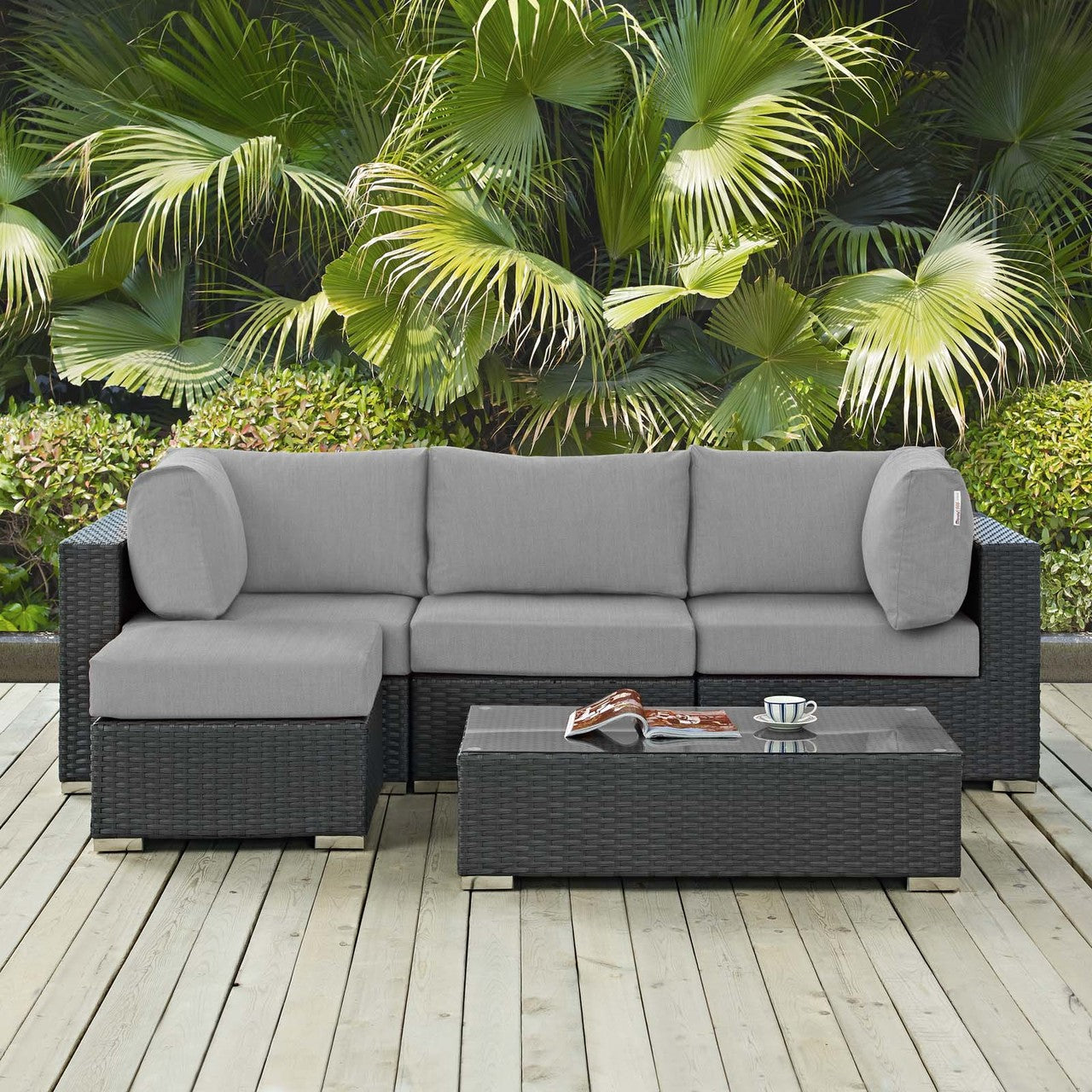Sojourn 5 Piece Outdoor Patio Sunbrella® Sectional Set, Sunbrella Rattan Wicker, Grey Gray 13394