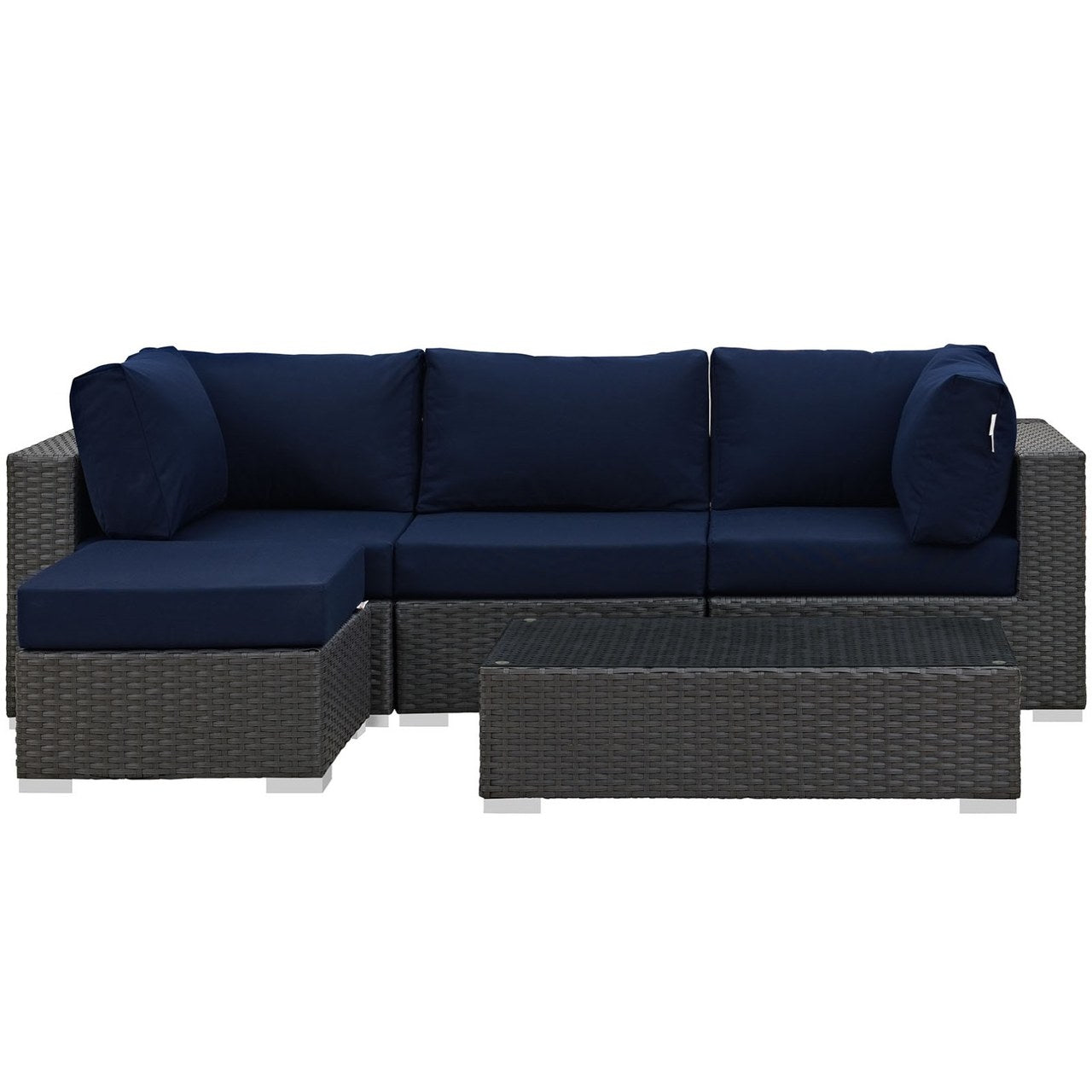 Sojourn Five PCS Outdoor Patio Sunbrella Sectional Set , Rattan, Navy 9829