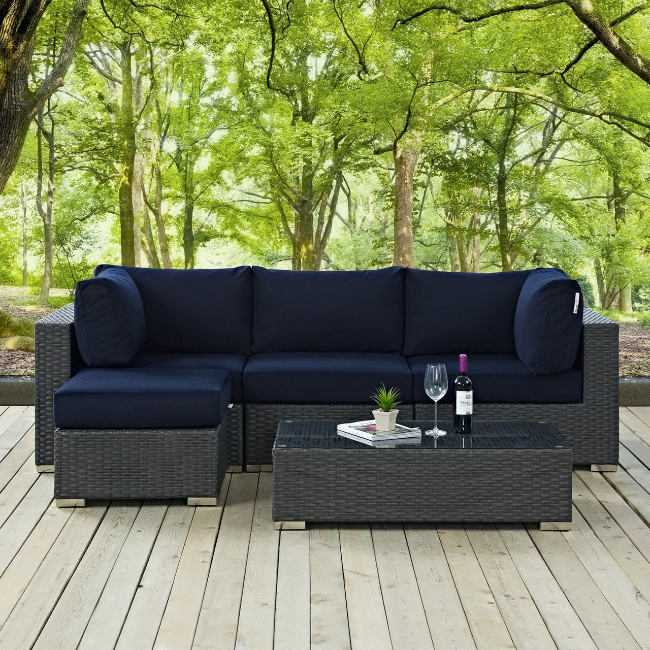 Sojourn Five PCS Outdoor Patio Sunbrella Sectional Set , Rattan, Navy 9829