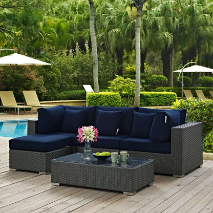 Sojourn Five PCS Outdoor Patio Sunbrella Sectional Set , Rattan, Navy 9829