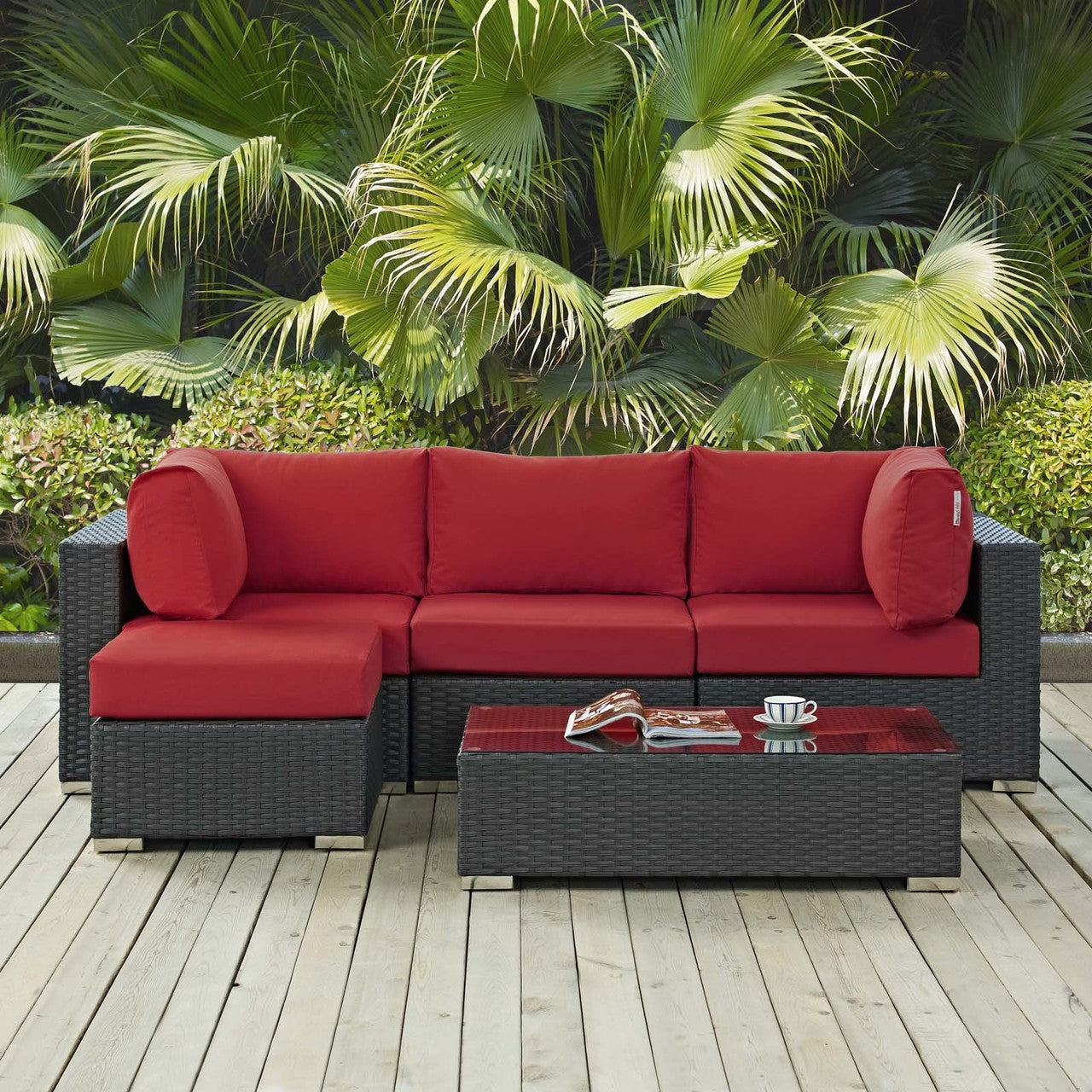 Sojourn 5 Piece Outdoor Patio Sunbrella® Sectional Set, Sunbrella Rattan Wicker, Red 13395