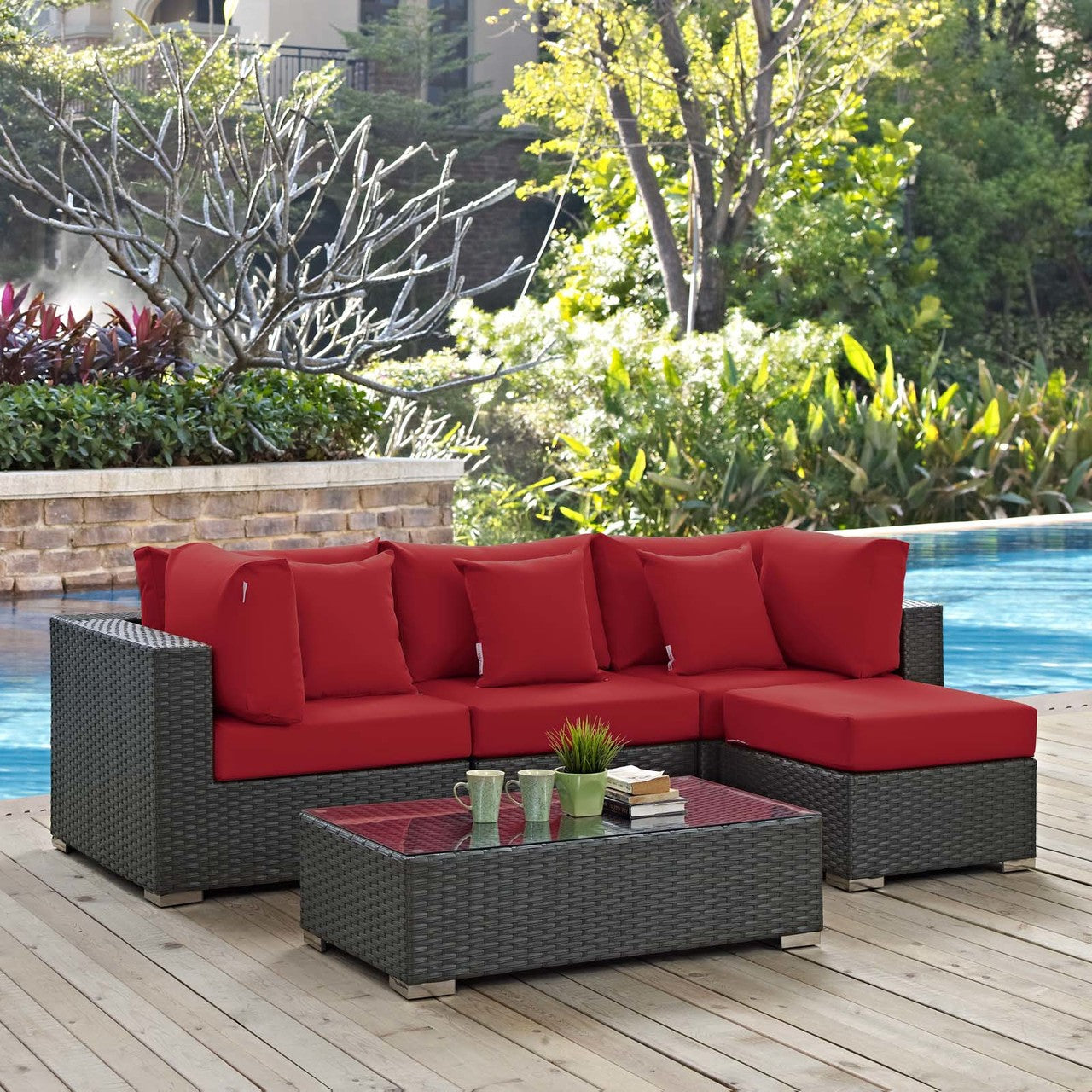 Sojourn 5 Piece Outdoor Patio Sunbrella® Sectional Set, Sunbrella Rattan Wicker, Red 13395