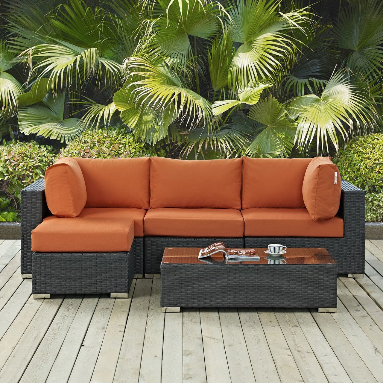 Sojourn Five PCS Outdoor Patio Sunbrella Sectional Set , Rattan, Orange 9830