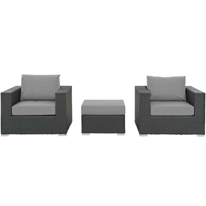 Sojourn 3 Piece Outdoor Patio Sunbrella® Sectional Set, Sunbrella Rattan Wicker, Grey Gray 13396