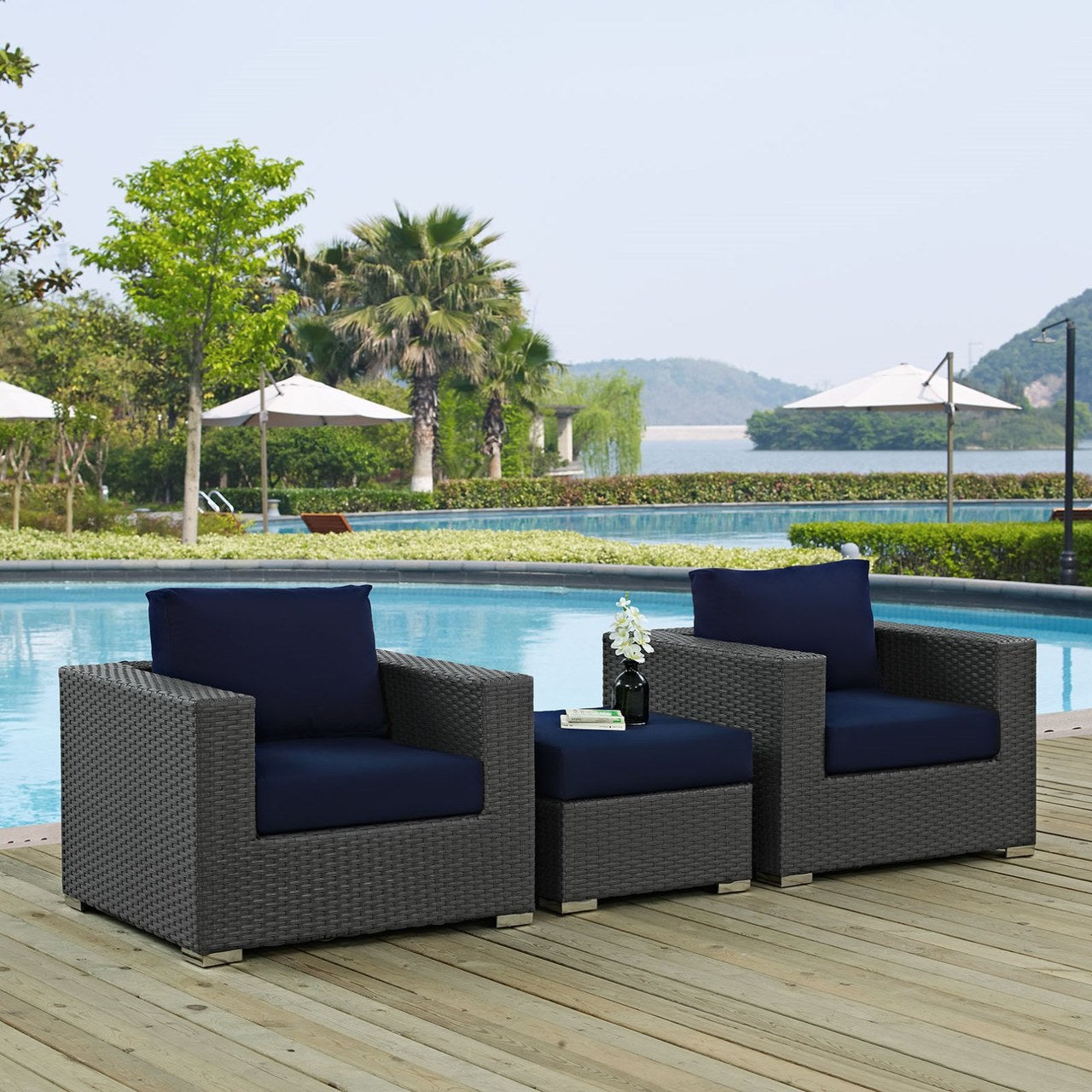 Sojourn Sectional Sofa Set, Navy, Rattan 9832