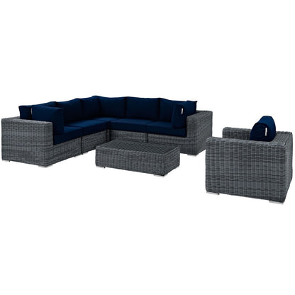 Summon Seven PCS Outdoor Patio Sunbrella Sectional Set, Navy, Rattan 9834